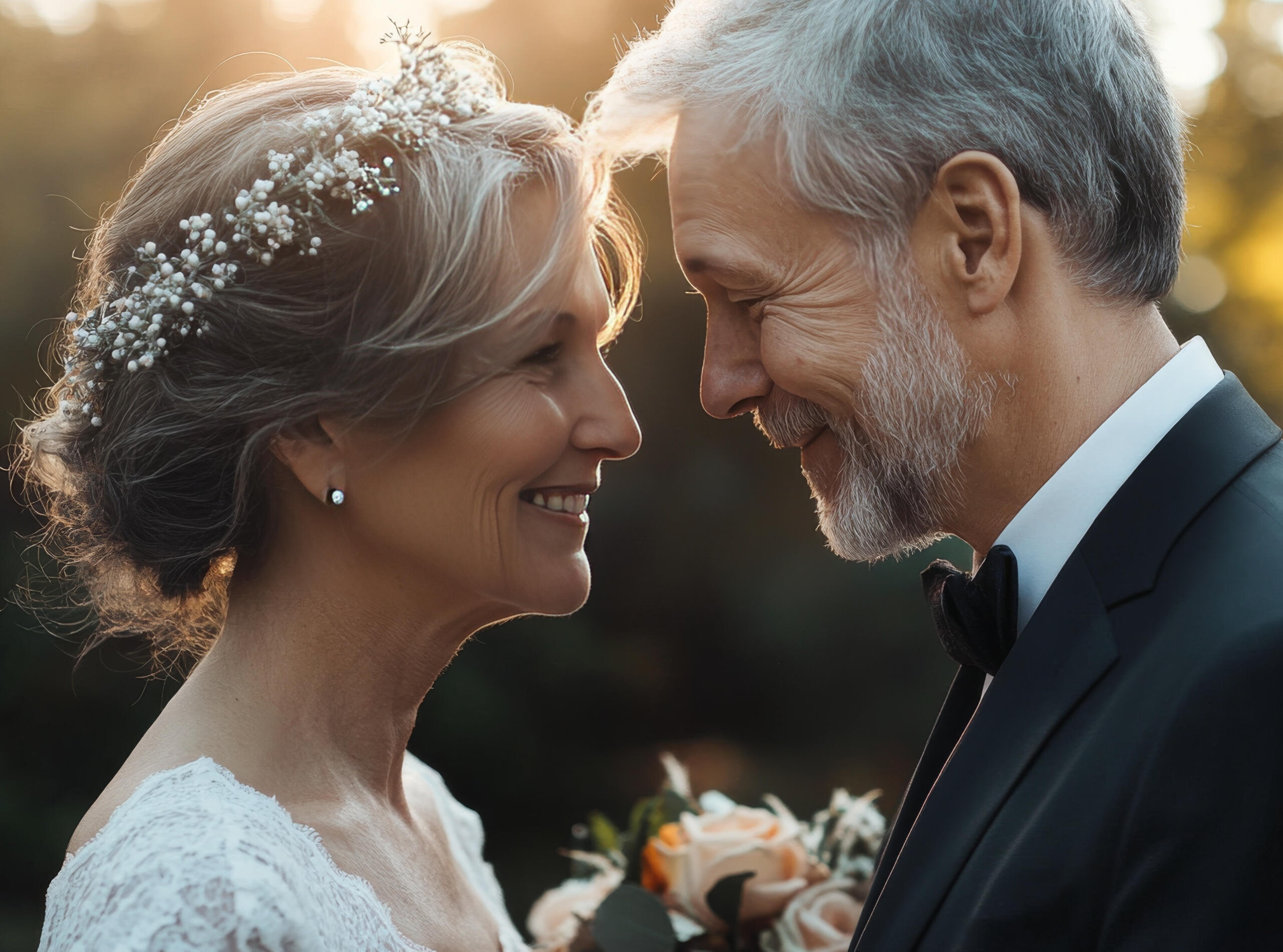 Mature couple looking lovingly into one another's eyes at wedding ceremony