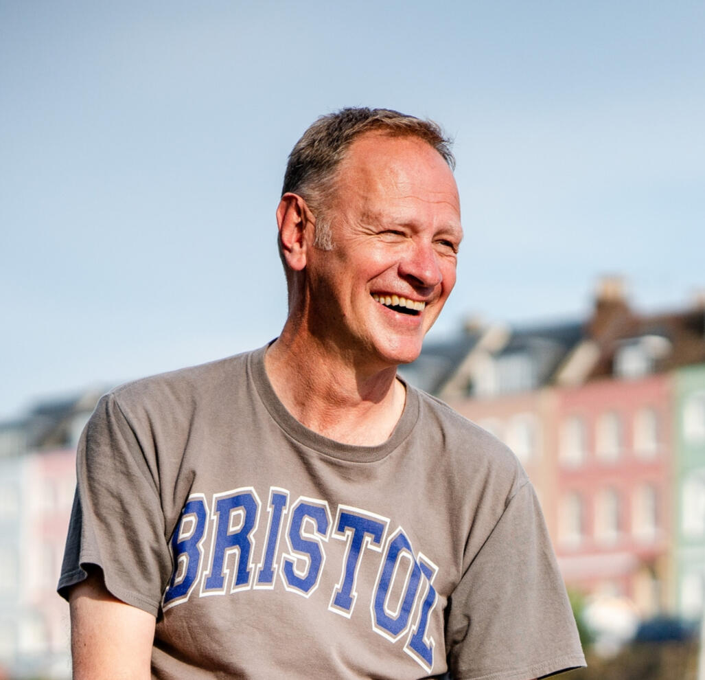 Toby Morse Wedding Celebrant Celebrant Toby laughing in a Bristol t-shirt